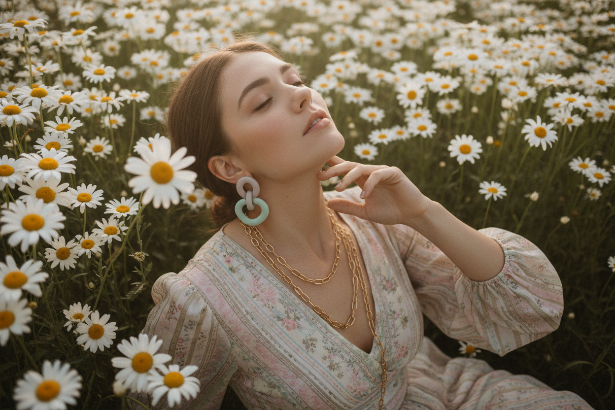Woman in daisy field with golden necklace - variation 2